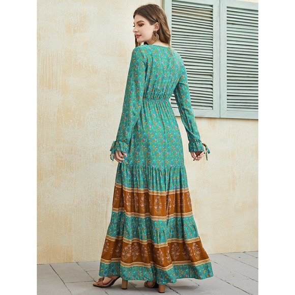 boho Floral Print Knot long Sleeve Ruffle Hem Maxi Dress paisley green - Picture 2 of 5